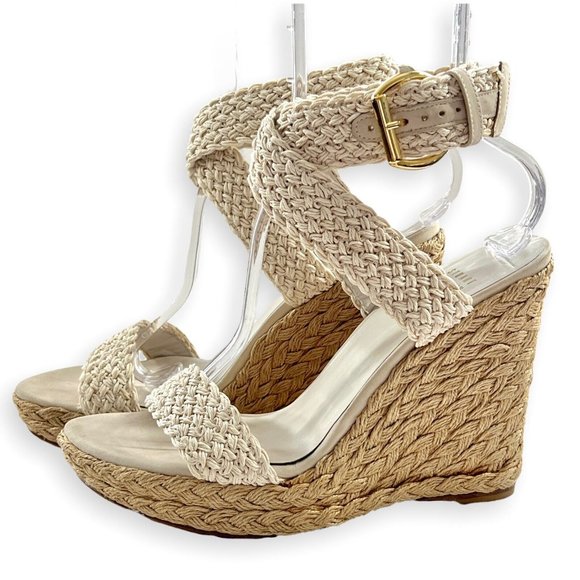 STUART WEITZMAN ESPADRILLE WEDGE SANDAL Size 10 Ivory Nude ALEX Crochet Platform - Picture 2 of 9